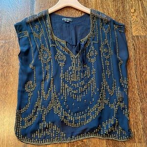 Gryphon New York Navy Beaded Unlined Sheer Tunic Size XS